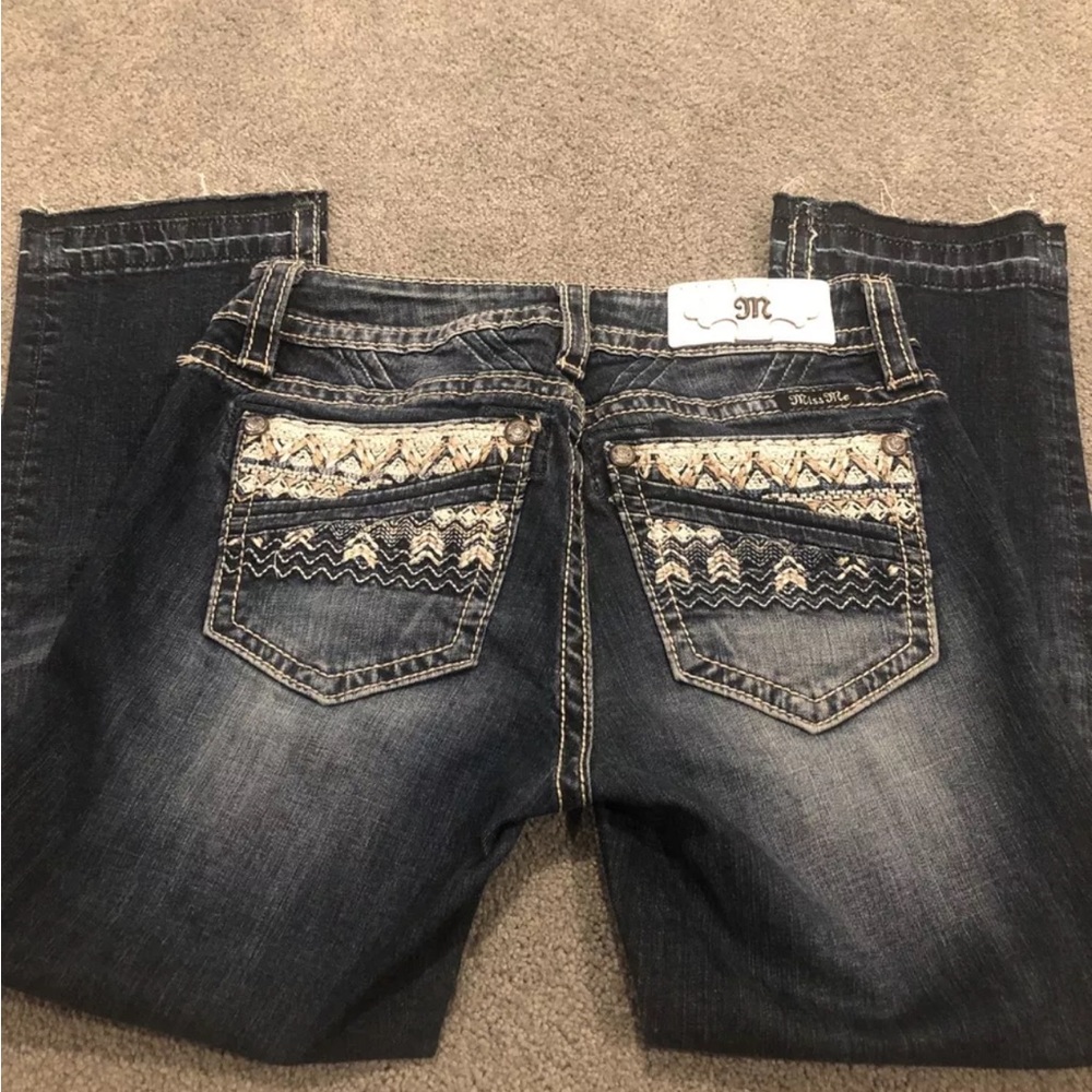 Miss Me Mid Rise Capri wht/gold Slim Fit Embroidered Jeans Sz 25
